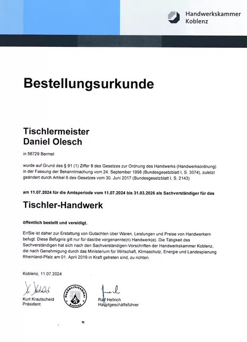 HWK-Bestellungsurkunde-Tischlermeister_Daniel Olesch